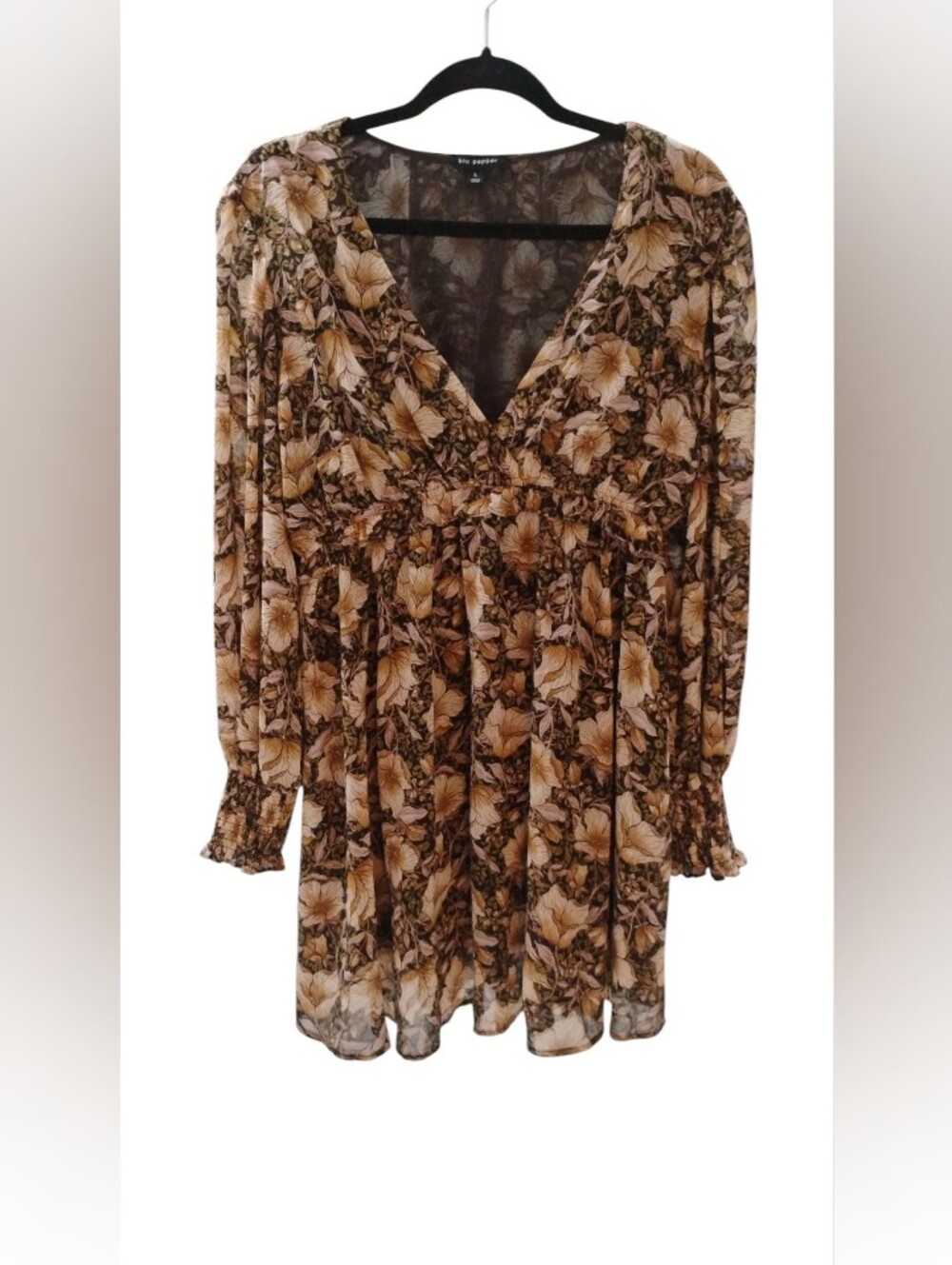 Blu Pepper Brown Floral V-Neck Boho Flowy Long Sleeve Dress SZ L